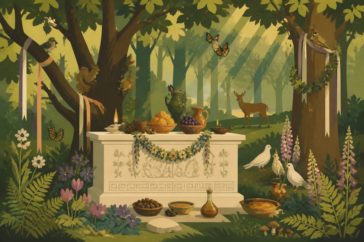 A small woodland shrine with offerings