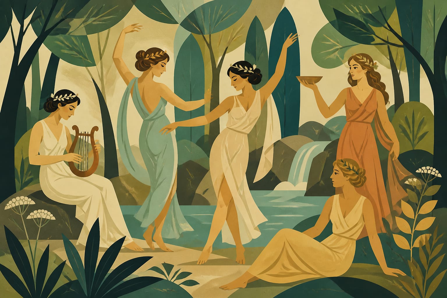 Nymphs gathered in a sunlit grove beside a sacred spring