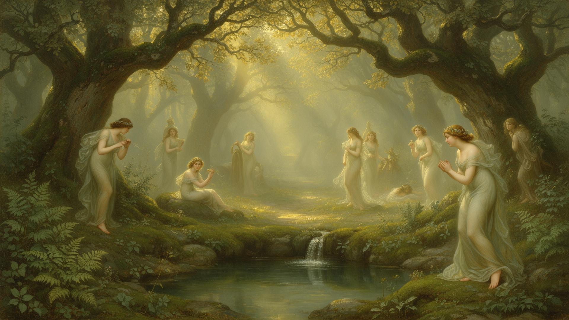 Nymphs gathered in a sunlit grove beside a sacred spring